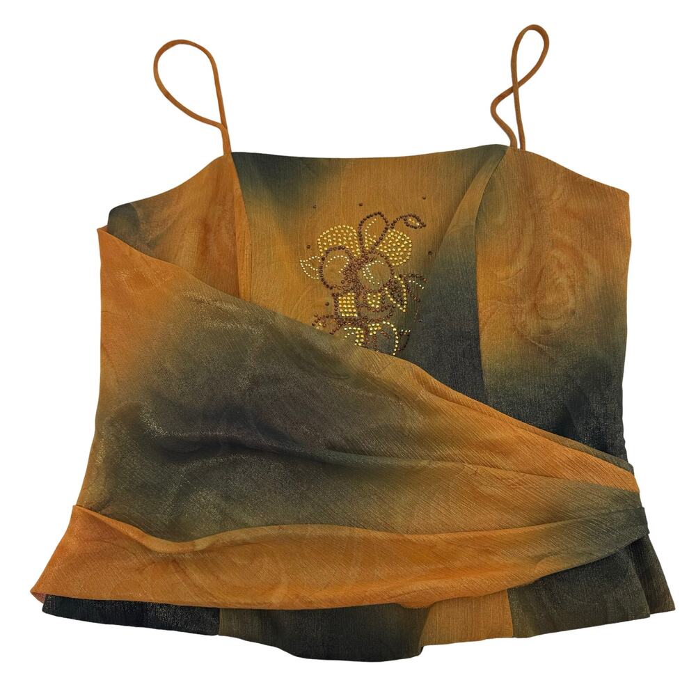 Y2K Ombre Mesh Cami Top Floral Rhinestone Detail Made in USA Size Large 90s
